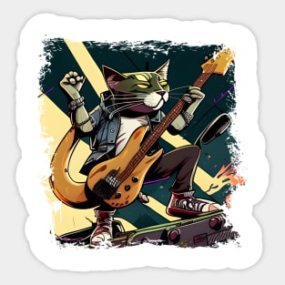 Cute Musician Rock Cat Kitty Playing Guitar - Funny Cats Sticker